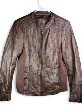 Sebby Collection Brown Faux Leather Moto Jacket Quilted Shoulder Zip Up